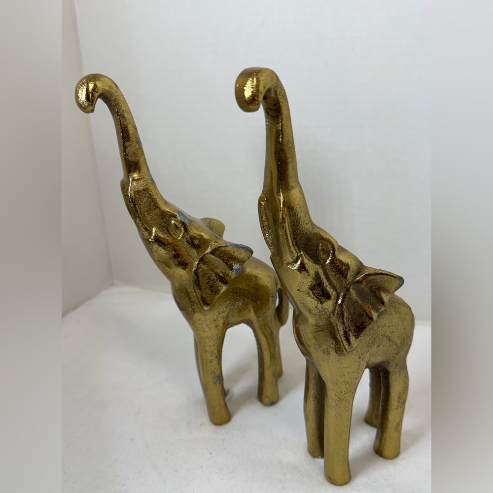 Gold Painted Metal 9" Set of 2 Elephants Trunks Up MCM Decor